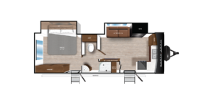 Interior view of the Heartland North Trail 2111FK, highlighting its modern and open layout. This travel trailer features a front kitchen design with ample counter space, sleek cabinetry, and state-of-the-art appliances. The spacious living area is complemented by comfortable seating and contemporary finishes, creating a cozy atmosphere perfect for relaxing after a day of adventure.