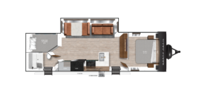 Interior view of the Heartland North Trail 2611BH, showcasing a family-friendly layout with a cozy dining area and a well-appointed kitchen. The space features modern finishes, including sleek cabinetry and spacious countertops. The bunkhouse design offers convenient sleeping arrangements, making it an ideal choice for families looking to enjoy comfortable and stylish adventures on the road.