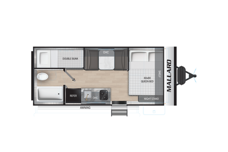 Floor plan of a Mallard RV showing a queen bed, double bunk beds, a bathroom with shower, kitchen with sink, stove, and refrigerator, a dinette area, and an entry door with an awning.