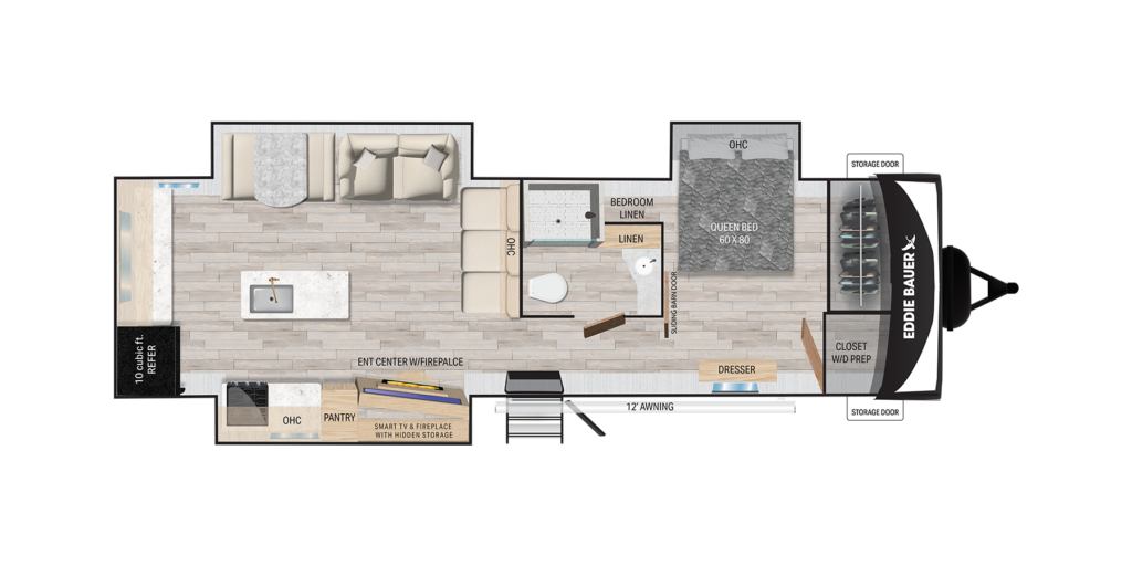 Top-down floor plan of a travel trailer with a kitchen, sofa, dinette, pantry, entertainment center with fireplace, bathroom with shower, and a bedroom with a queen bed, dresser, closets, and multiple storage areas.