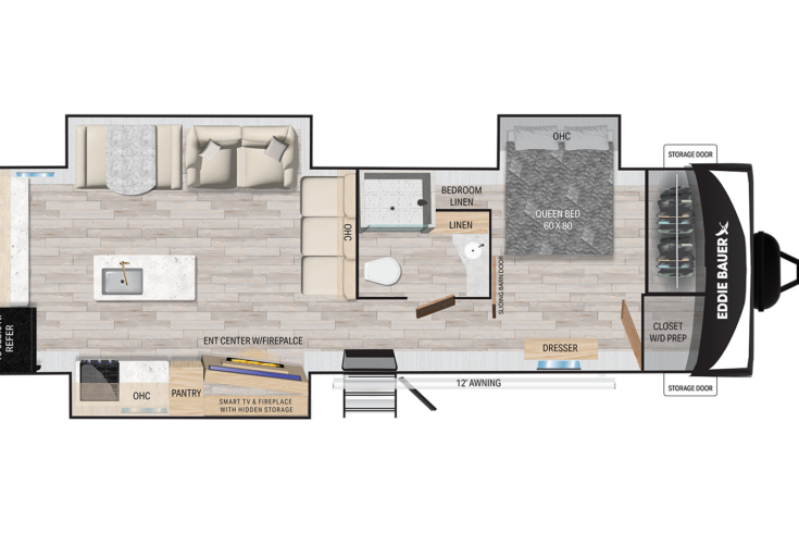 Top-down floor plan of a travel trailer with a kitchen, sofa, dinette, pantry, entertainment center with fireplace, bathroom with shower, and a bedroom with a queen bed, dresser, closets, and multiple storage areas.