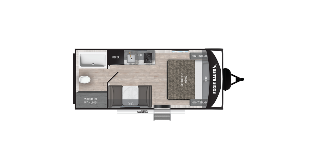 Top-down floor plan of a compact RV, featuring a bed, two nightstands, a dinette, a kitchenette with sink and stove, a refrigerator, wardrobe with TV/linen storage, bathroom with shower, and an exterior awning.