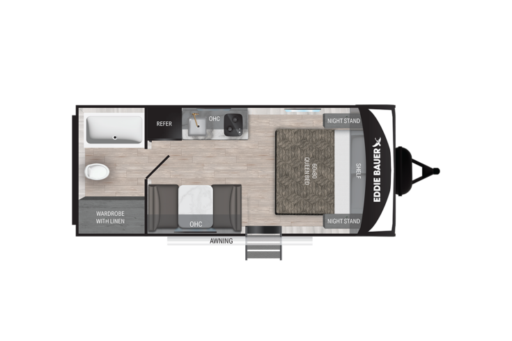 Top-down floor plan of a compact RV, featuring a bed, two nightstands, a dinette, a kitchenette with sink and stove, a refrigerator, wardrobe with TV/linen storage, bathroom with shower, and an exterior awning.