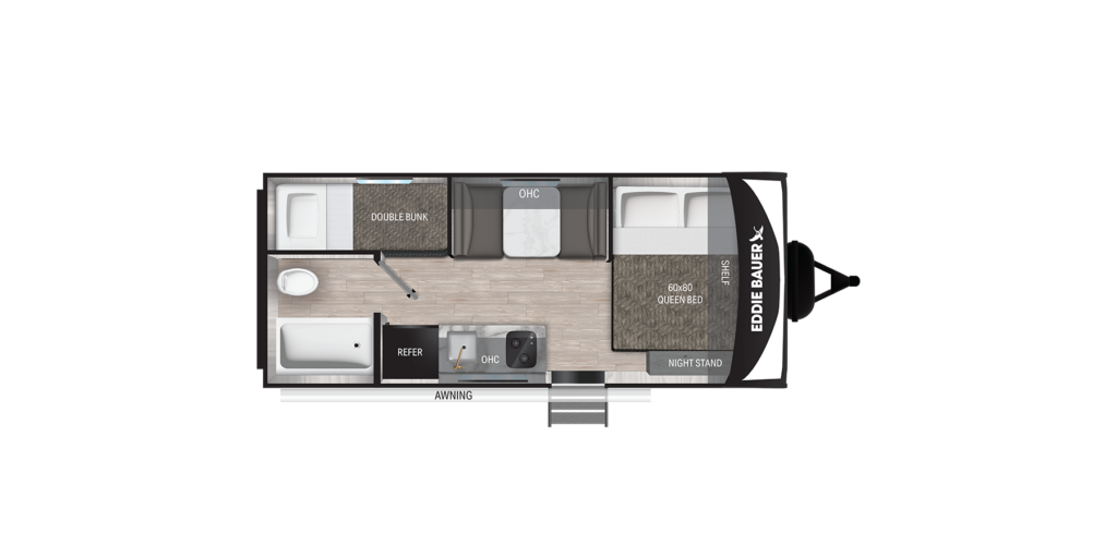 Top-down view of a camper trailer layout featuring a double bunk, bathroom with tub, kitchen with fridge and sink, dinette, queen bed with nightstand, and entry door under the awning labeled Eddie Bauer.