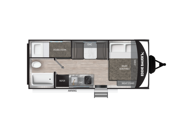 Top-down view of a camper trailer layout featuring a double bunk, bathroom with tub, kitchen with fridge and sink, dinette, queen bed with nightstand, and entry door under the awning labeled Eddie Bauer.