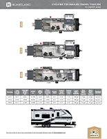 Floor plans, specifications table, and exterior view of Heartland Cyclone toy hauler travel trailers.