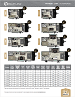 Floor plans and a specifications table for eight Heartland Pioneer travel trailer models.