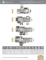 Four floor plan diagrams for Heartland Sundance travel trailers, accompanied by a specifications table listing dimensions, weights, and tank capacities.